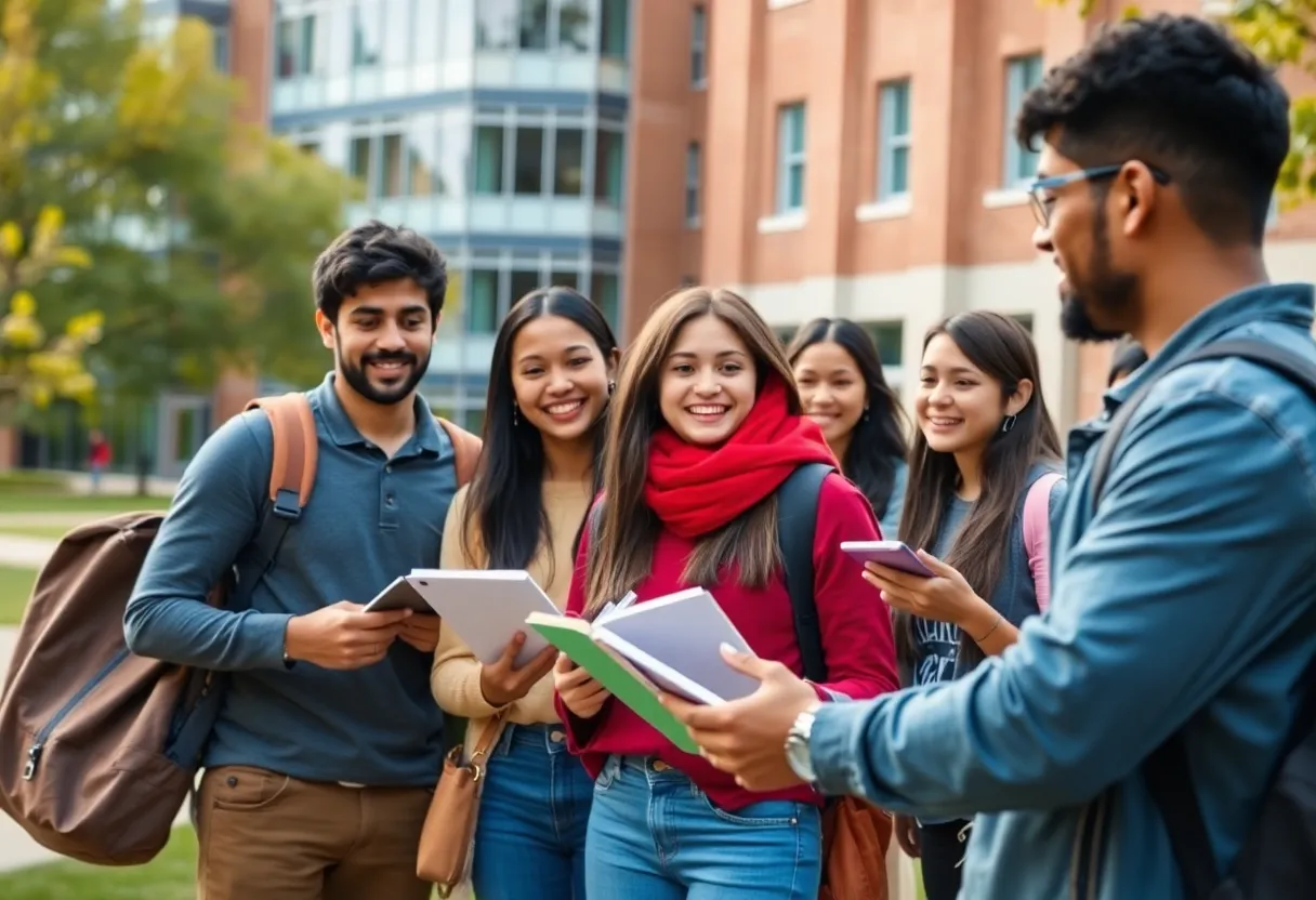 Diverse students collaborating on a university campus