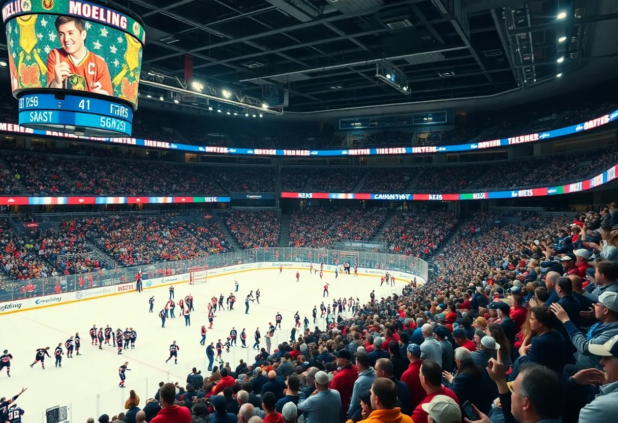 Passionate hockey fans in a packed arena supporting their team.