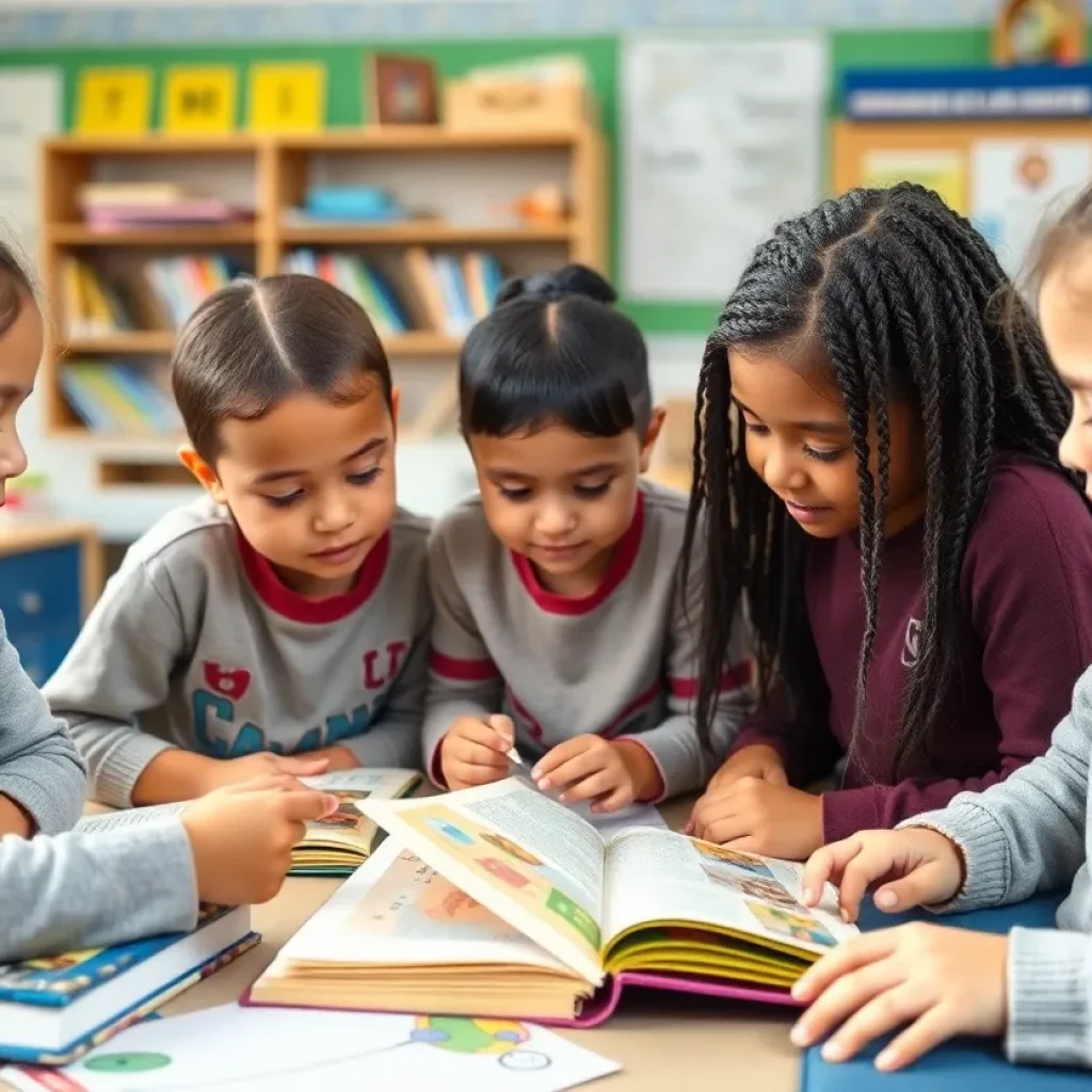 Students engaged in reading activities in a classroom setting.