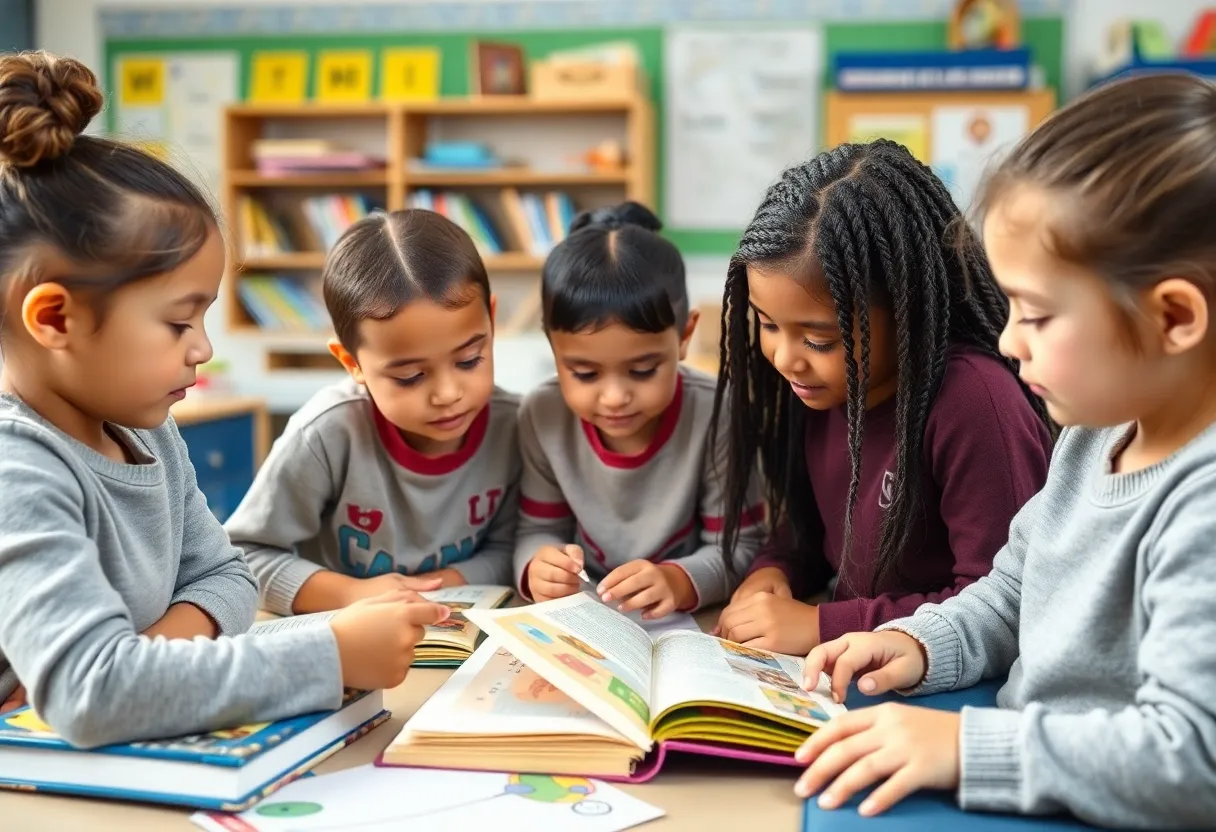 Students engaged in reading activities in a classroom setting.