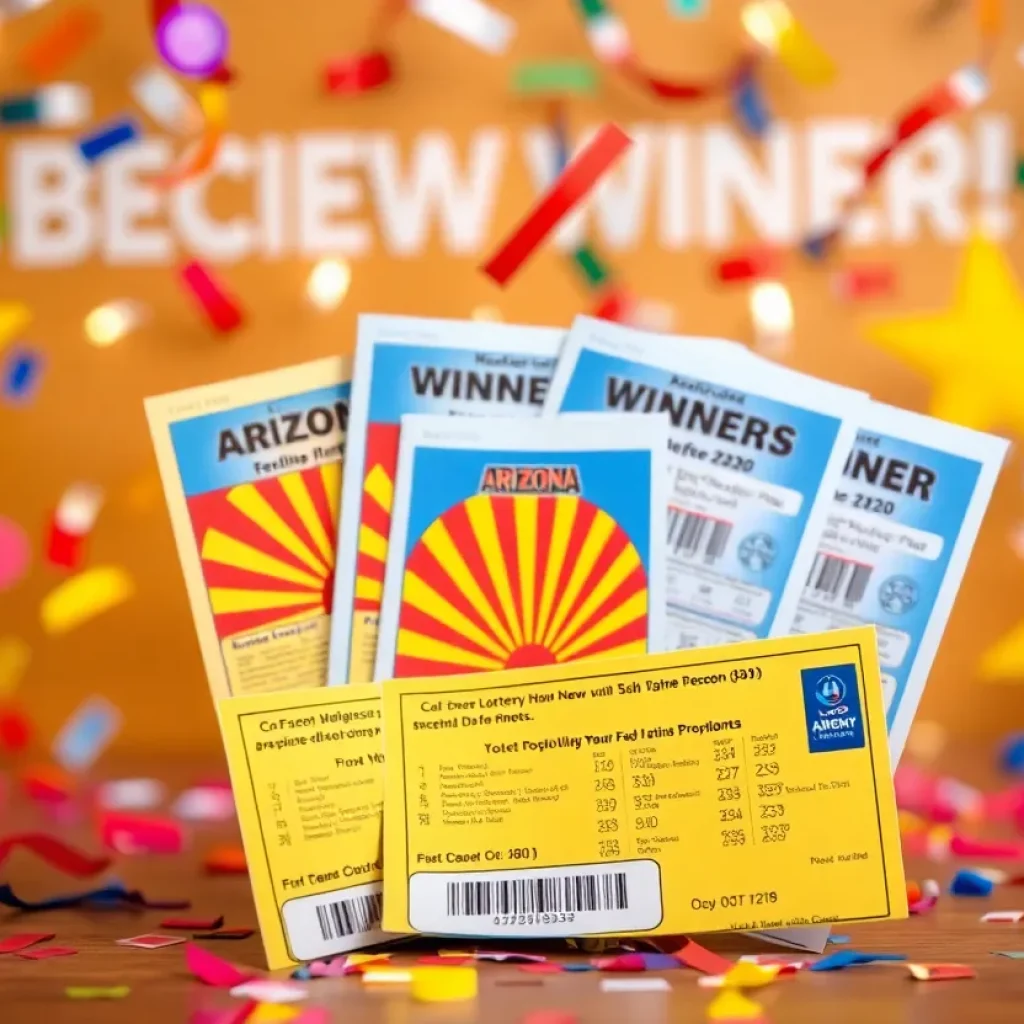 Celebration of Arizona Lottery winners with tickets and confetti