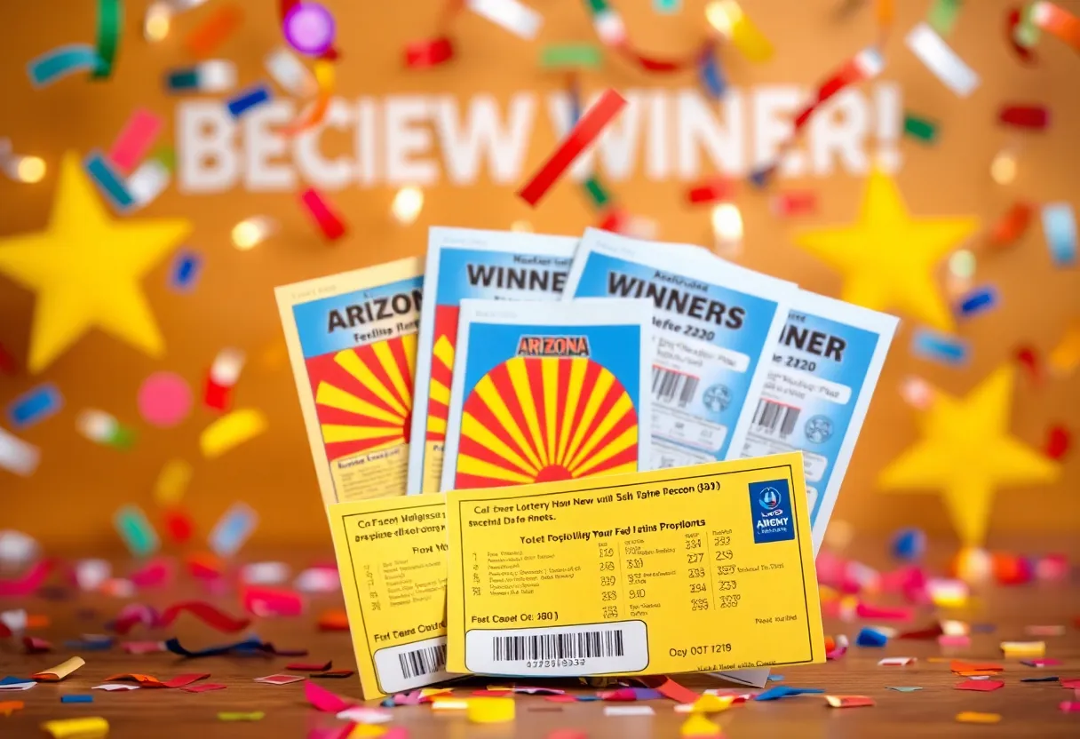 Celebration of Arizona Lottery winners with tickets and confetti