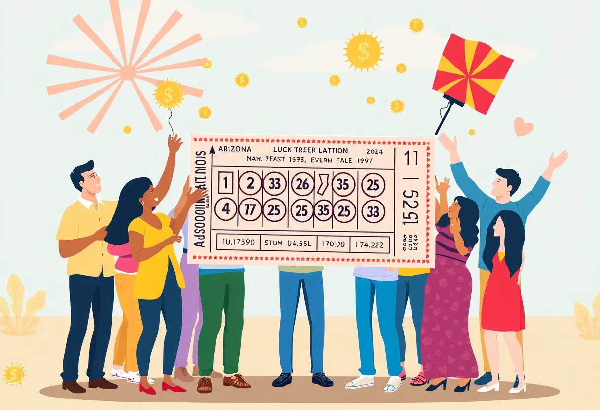 A celebration of Arizona Powerball winners with lottery tickets.