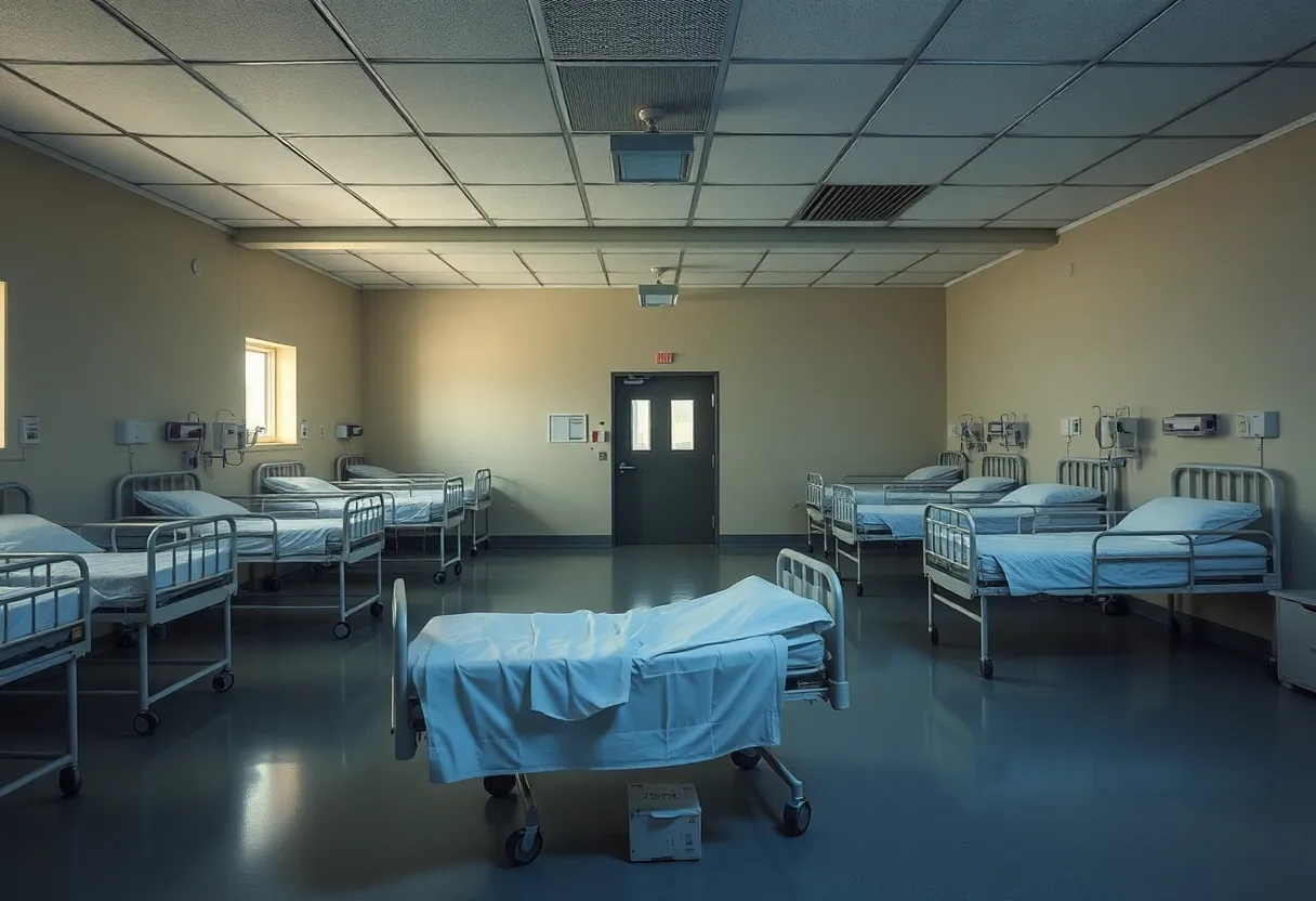 Empty hospital beds in a prison medical facility