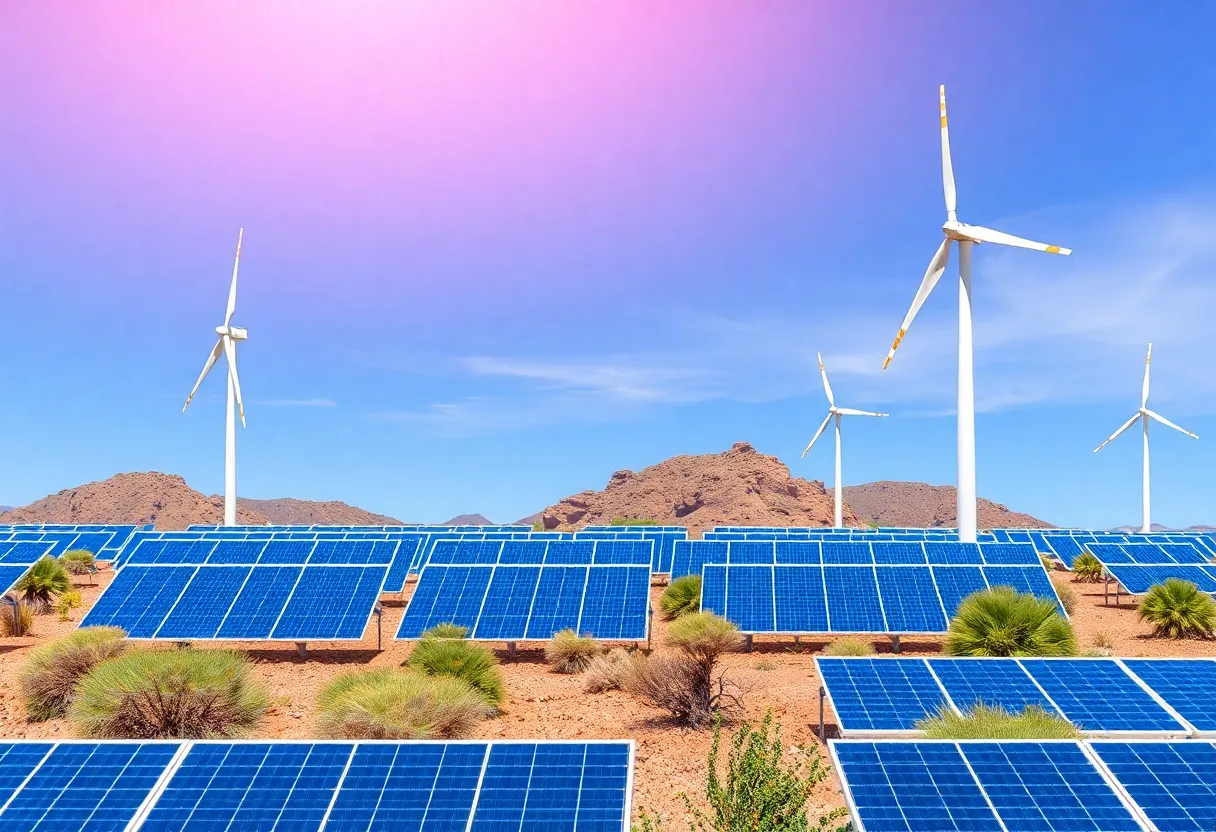 Arizona landscape with solar panels and wind turbines