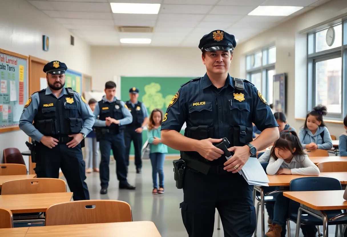 A safe and secure school environment with police officers and counselors present.