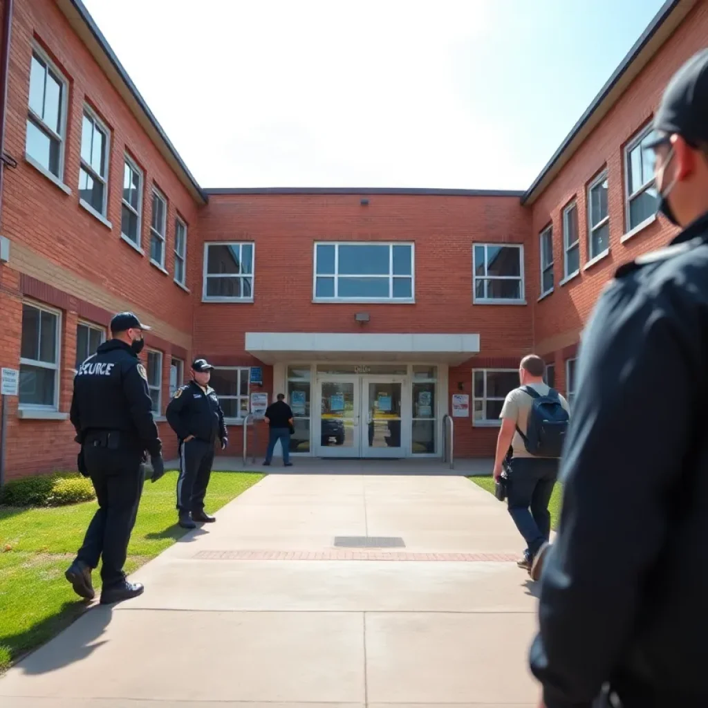 Illustration of a secure school environment with security personnel