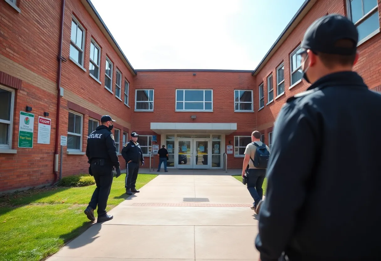 Illustration of a secure school environment with security personnel