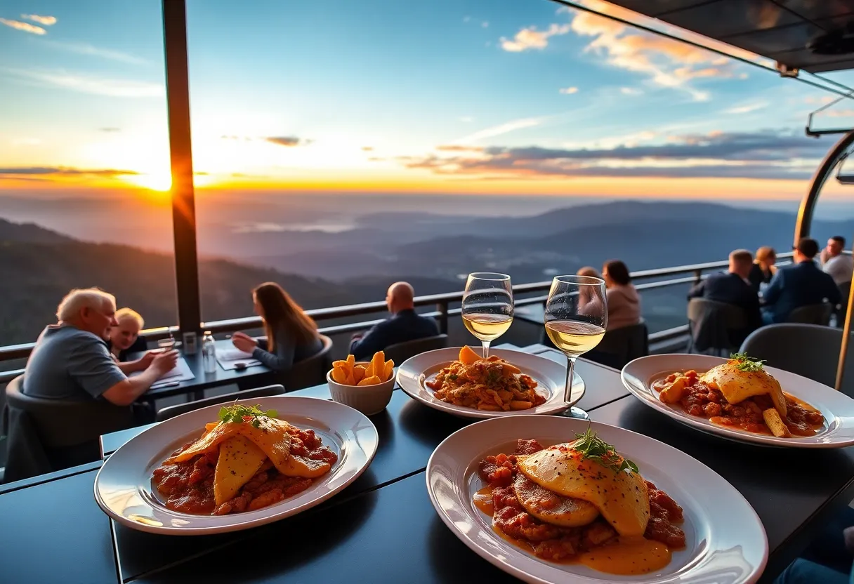 Diners enjoying a culinary experience on the Arizona Snowbowl gondola with sunset views