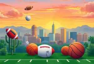 Illustration representing Arizona sports betting growth with sports elements and skyline.
