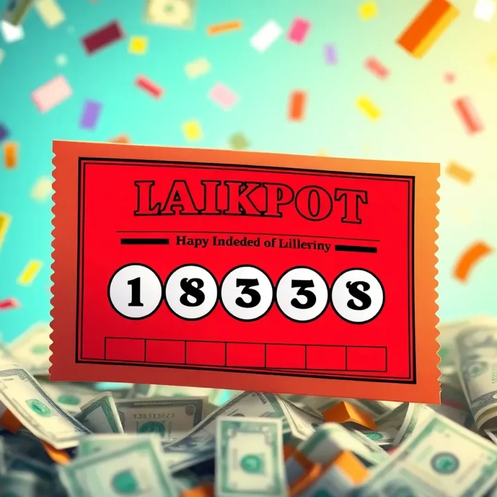 Colorful lottery ticket among cash and confetti