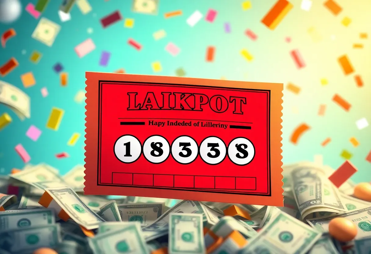 Colorful lottery ticket among cash and confetti