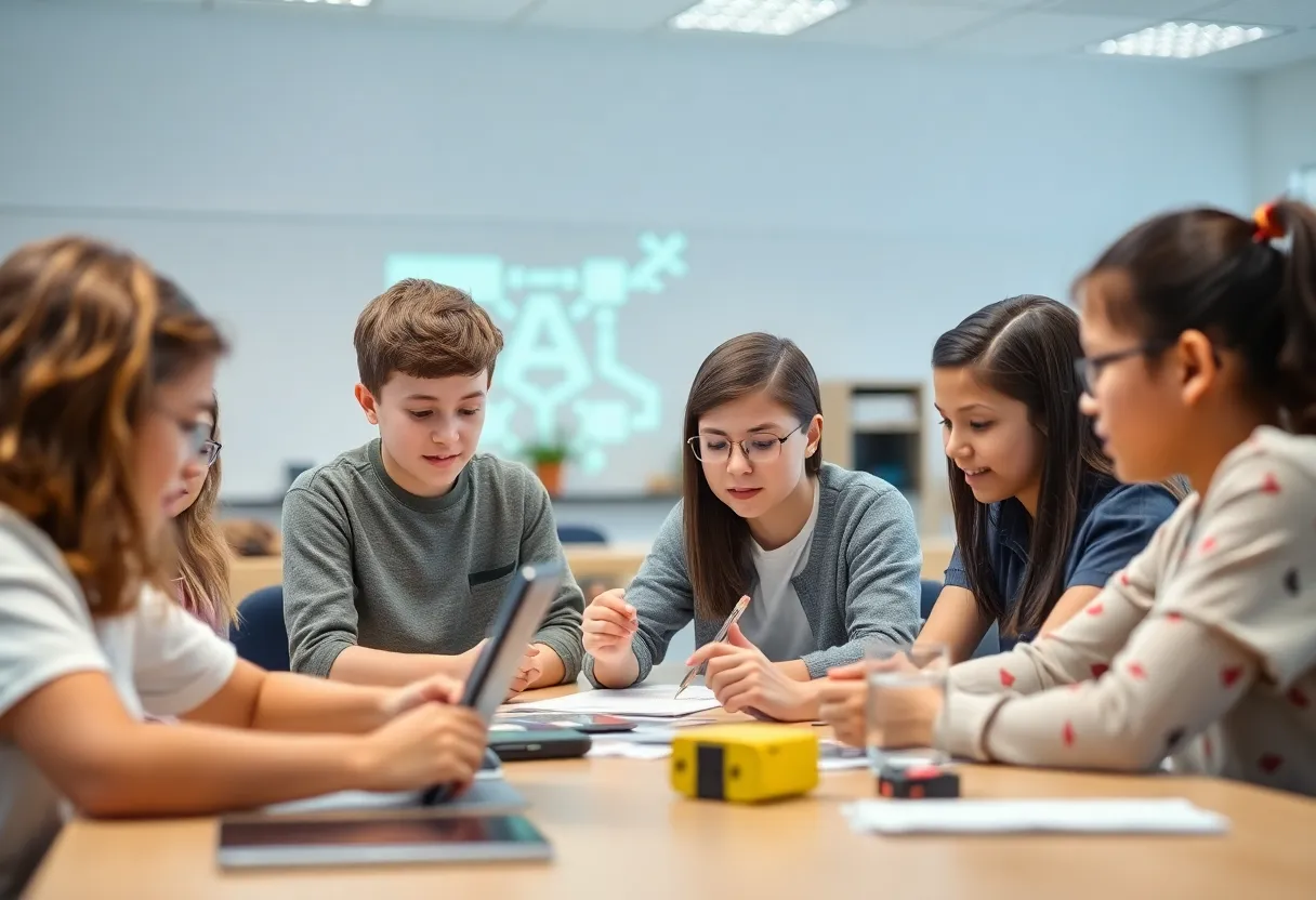 Students collaborating in a modern classroom focusing on artificial intelligence education.