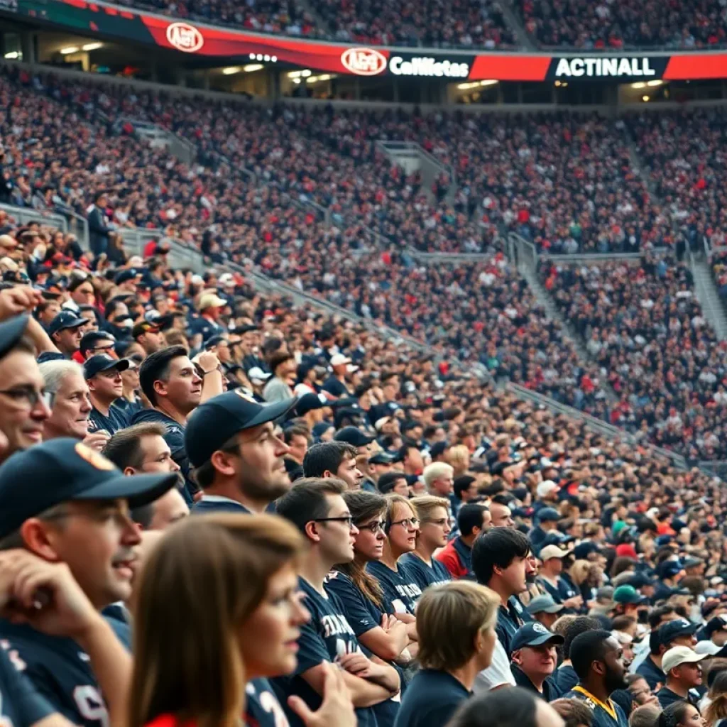Fans in a college football stadium during a game, some looking frustrated.