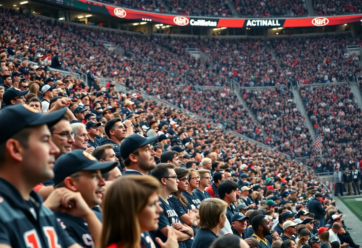 Fans in a college football stadium during a game, some looking frustrated.