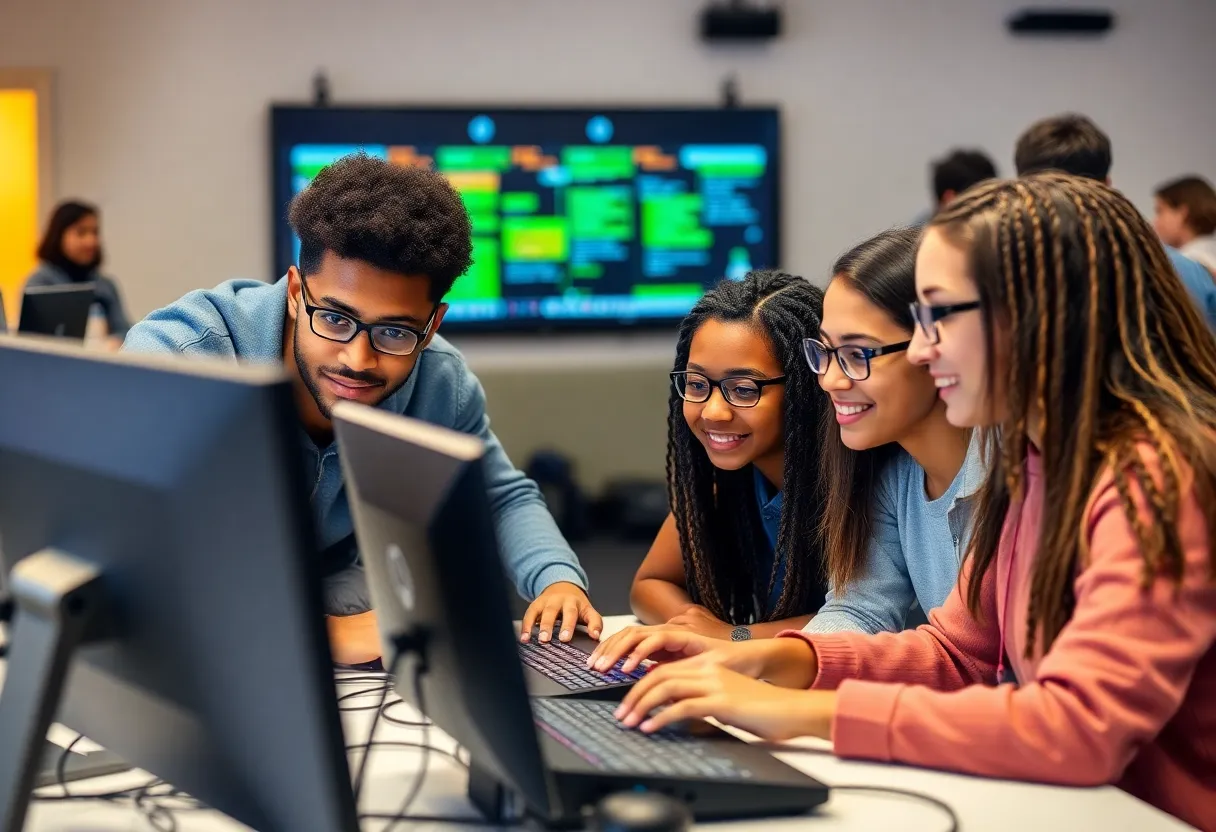 Students collaborating on coding.