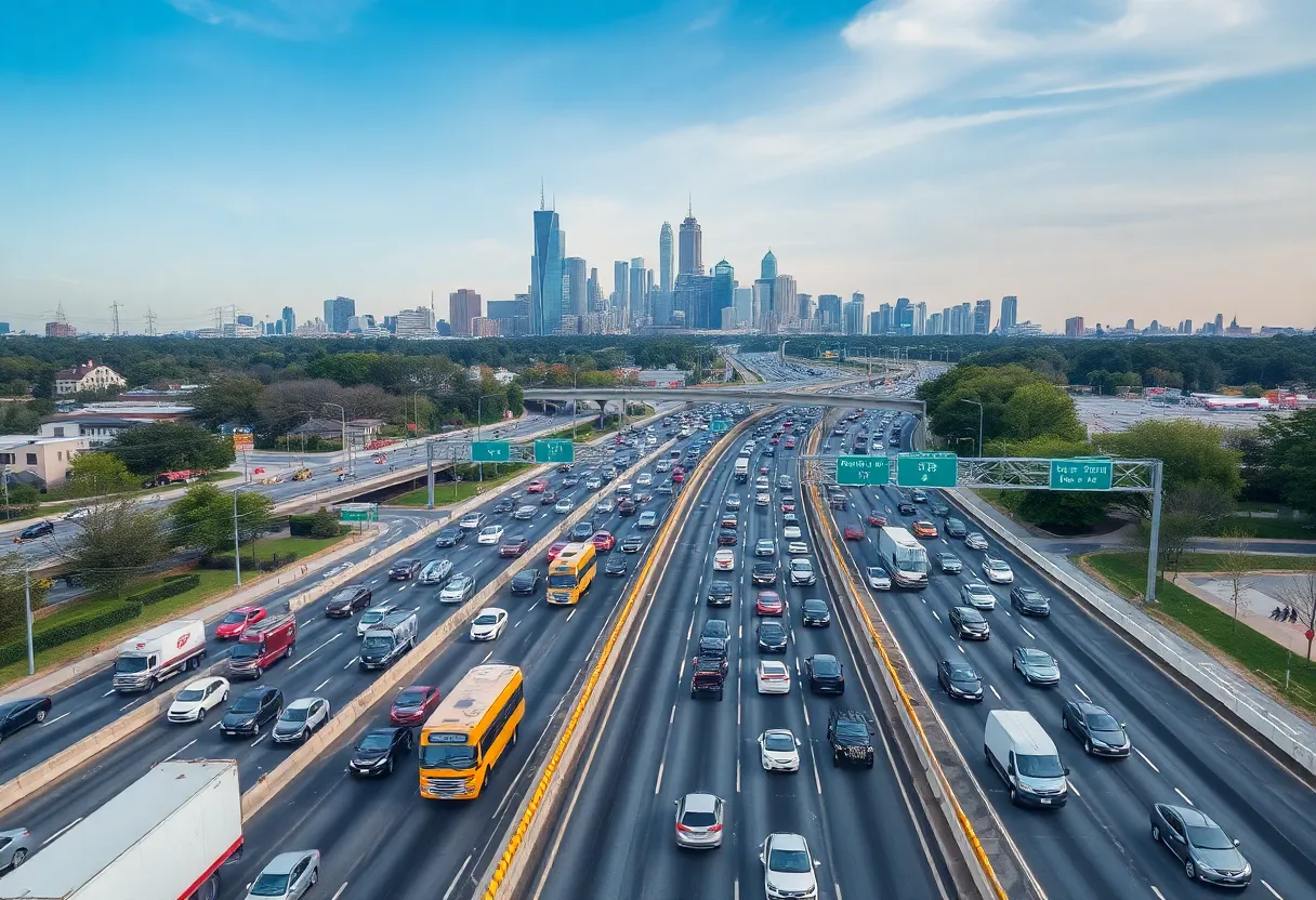 Heavy traffic congestion on a highway in Atlanta, with construction zones visible.
