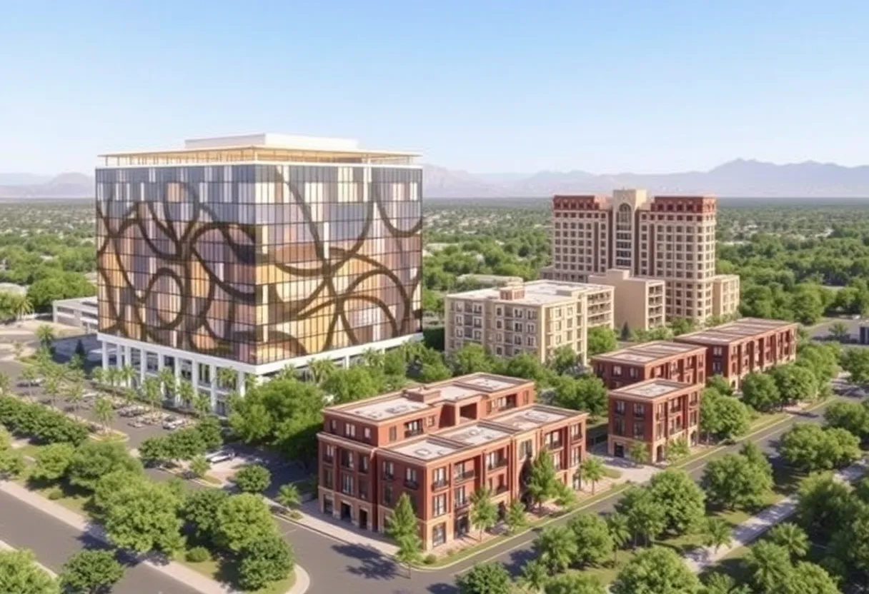 Urban development project illustration in Scottsdale featuring Axon's headquarters, hotel, and apartments.
