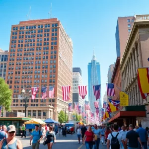 City scene in Boston during Labor Day weekend filled with tourists and hotels.