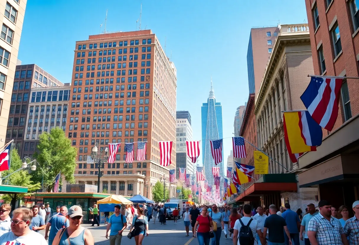 City scene in Boston during Labor Day weekend filled with tourists and hotels.