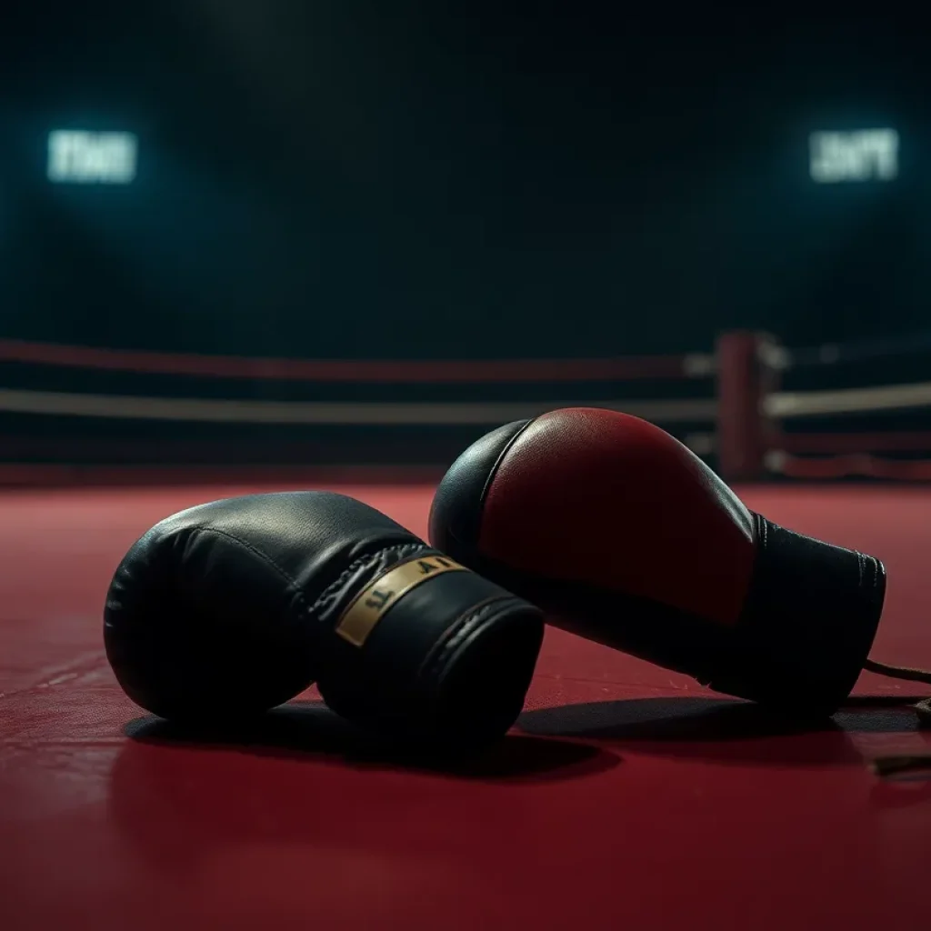 Empty boxing gloves in a dimly lit ring