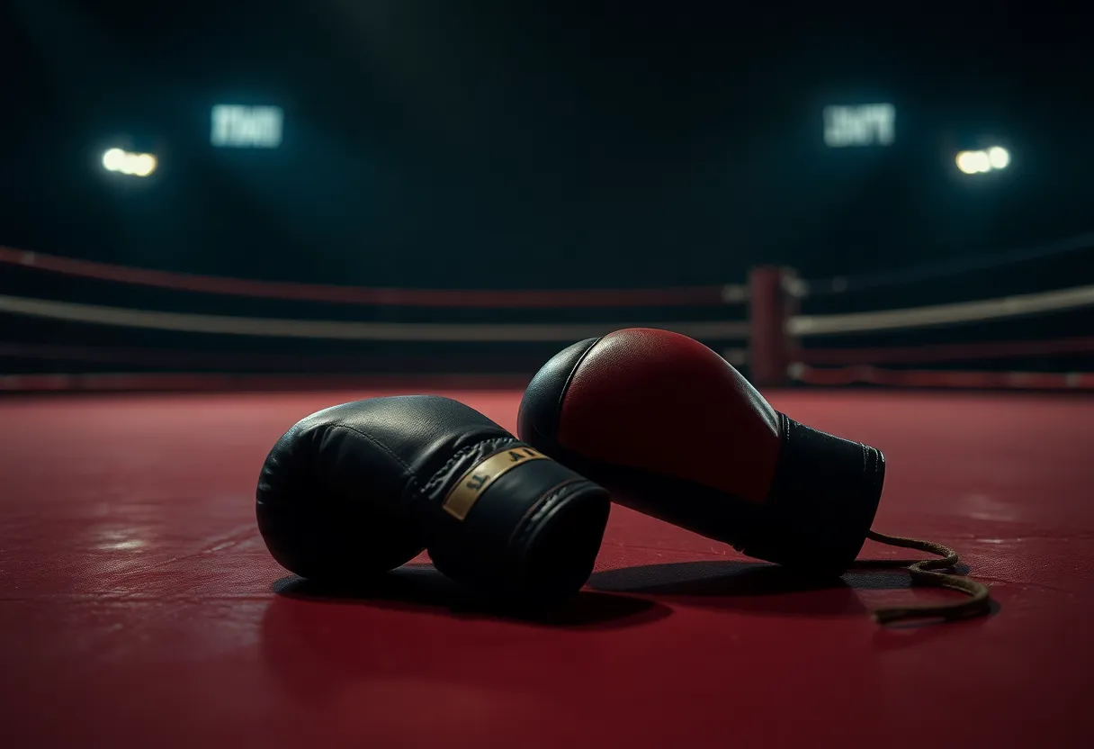 Empty boxing gloves in a dimly lit ring