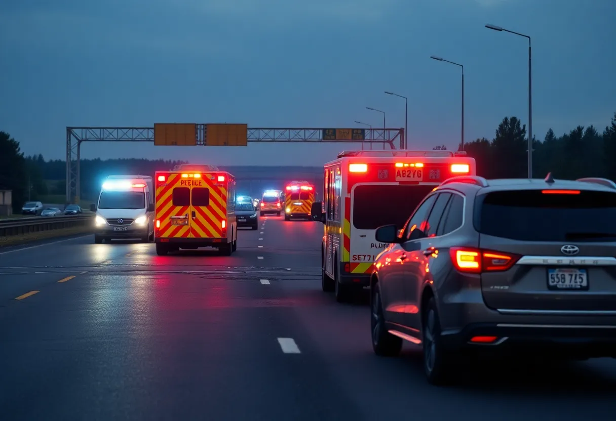 Emergency vehicles responding to a serious rollover crash on a highway.