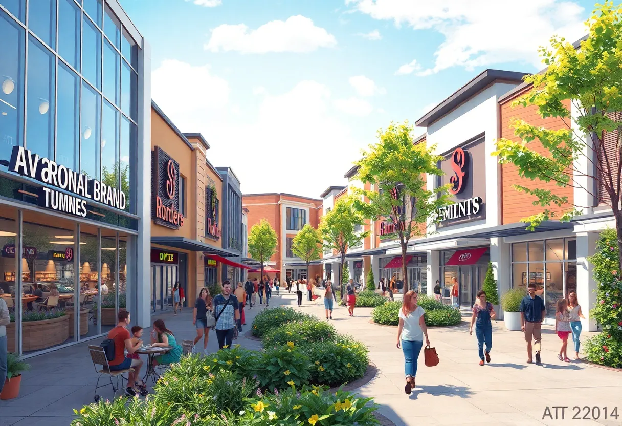 Illustration of Buckeye Commons West, featuring retail stores and outdoor spaces.