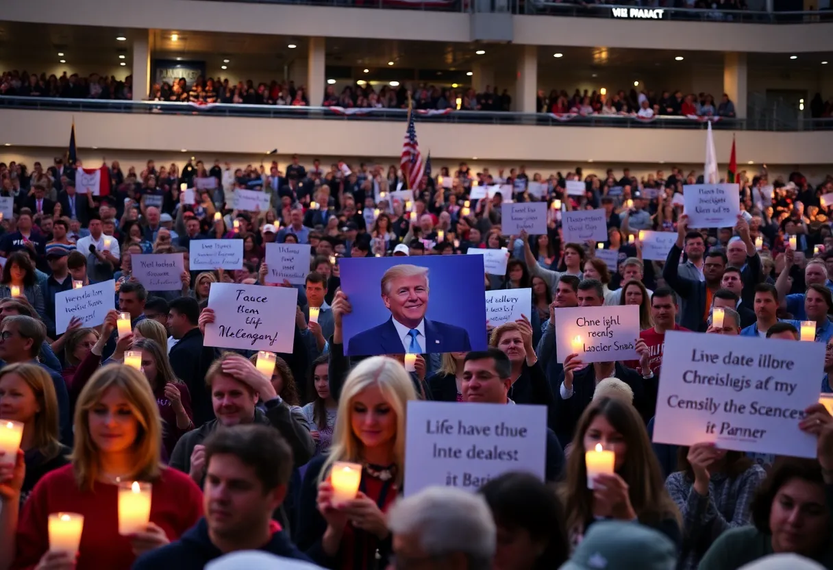 Crowd at Charlie Kirk's memorial service holding candles and signs