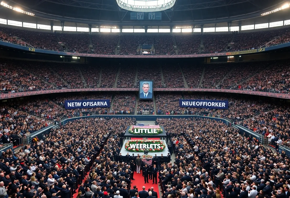 Crowd gathering at a large stadium for a memorial service