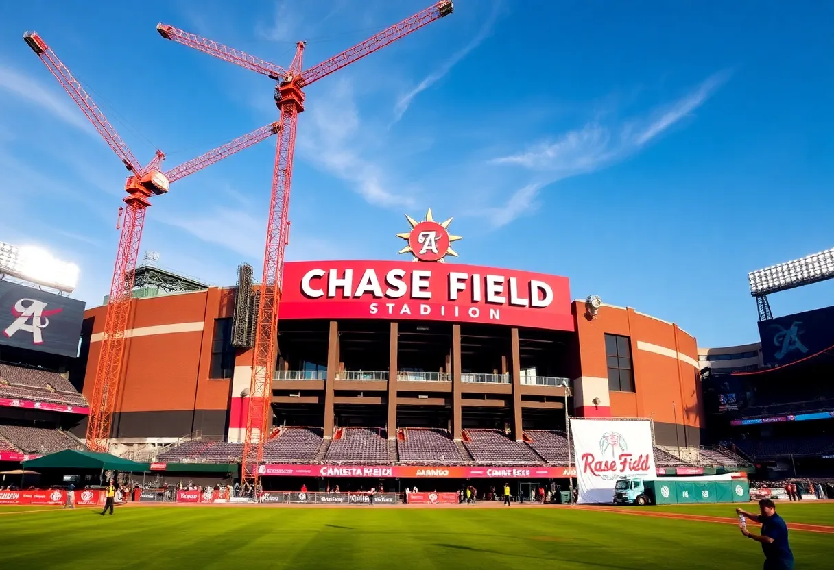 Chase Field under renovation with cranes and workers visible
