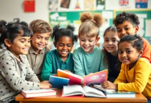 A diverse group of children engaged in learning together.