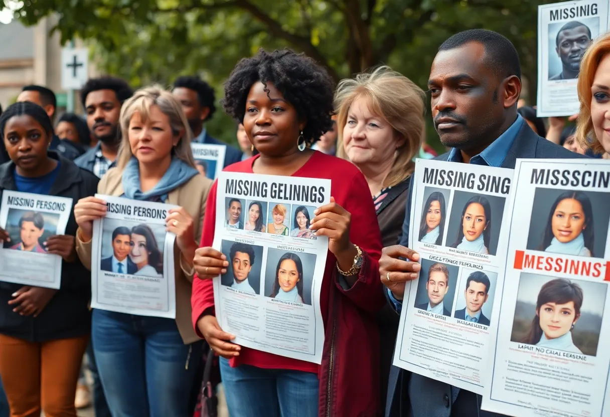 Community members displaying posters for missing persons cases.