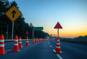 A highway construction zone with safety measures in place