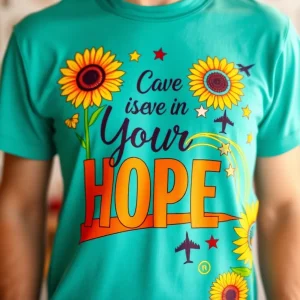 A custom t-shirt design showcasing motifs of sunflowers and fighter jets