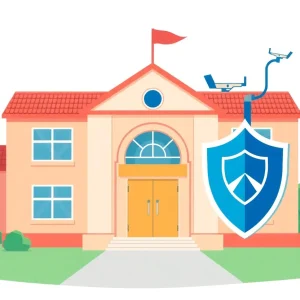 Illustration of a school building with cybersecurity features.