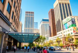 Cityscape of Dallas with busy hotel, showcasing tourism growth