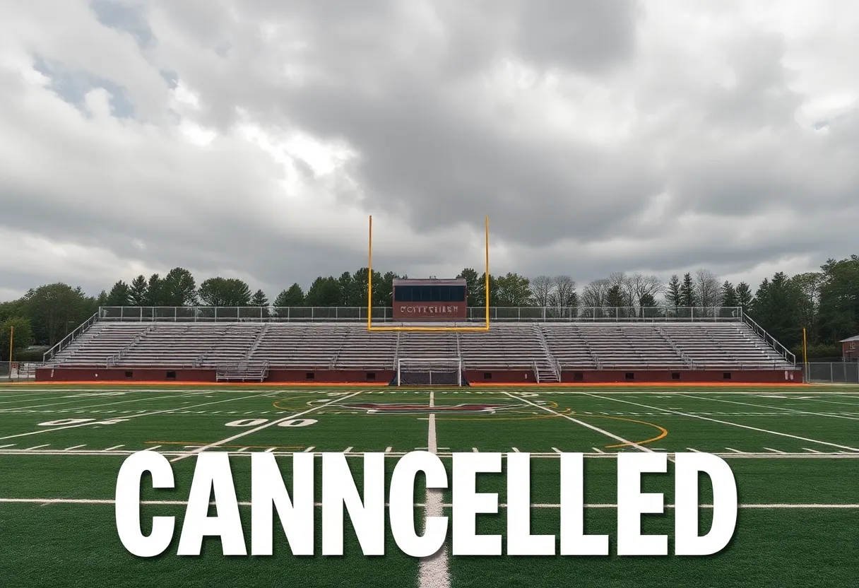 Empty football field at Edinburgh High School after game cancellation