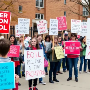 Picket line outside Evergreen Public Schools with union members holding signs