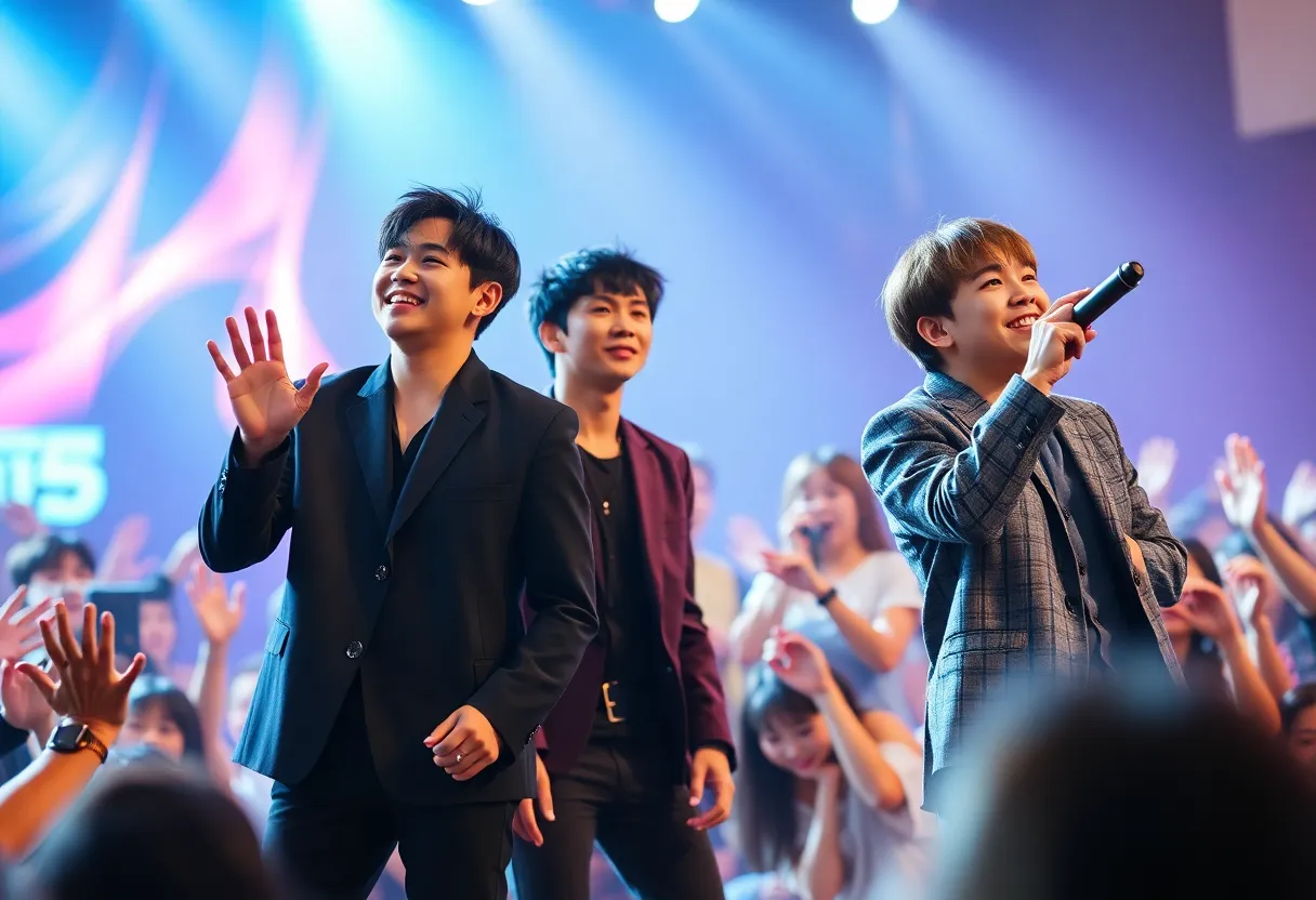 A colorful stage showing contrasting male pop performances.