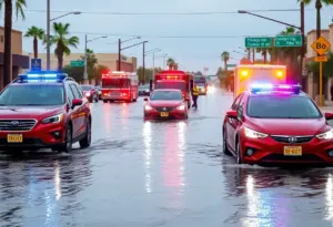 Flooded street in Phoenix with Waymo autonomous cars stranded