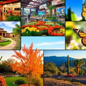 A collage of garden events in Phoenix showcasing flowers, plants, and butterflies.