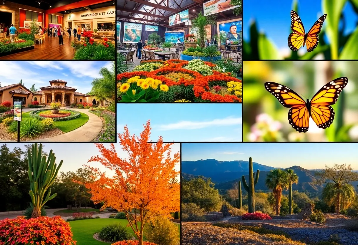 A collage of garden events in Phoenix showcasing flowers, plants, and butterflies.