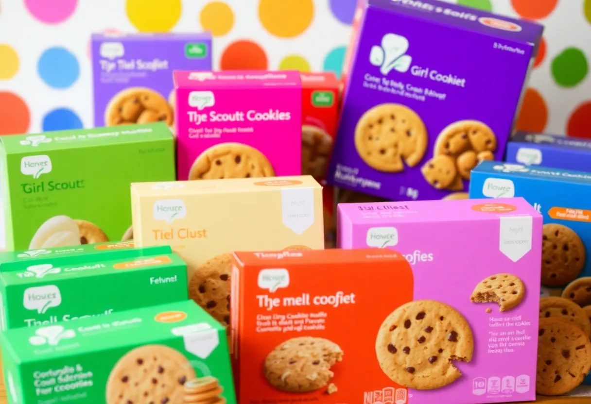 Assorted Girl Scout cookies arranged beautifully.