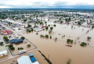 Aerial view of flooded Globe Arizona showing emergency response efforts