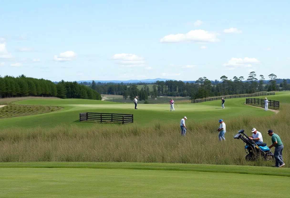 Volunteers maintaining the golf course at the U.S. Open.