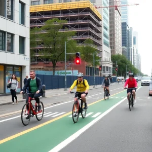 Construction scene of the Granby Street bike lane with cyclists and pedestrians.