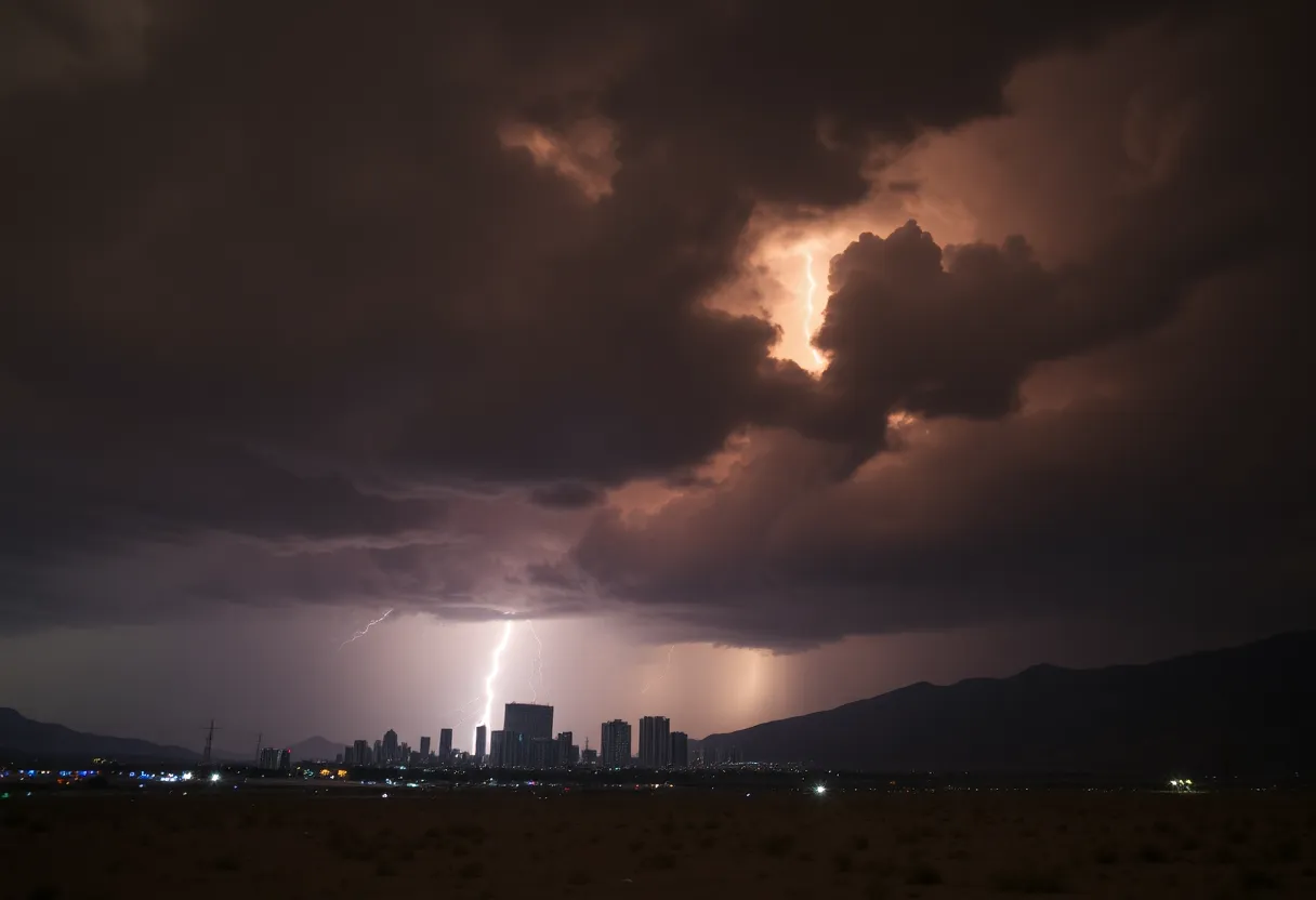 A haboob approaching the Phoenix skyline with dark storm clouds.