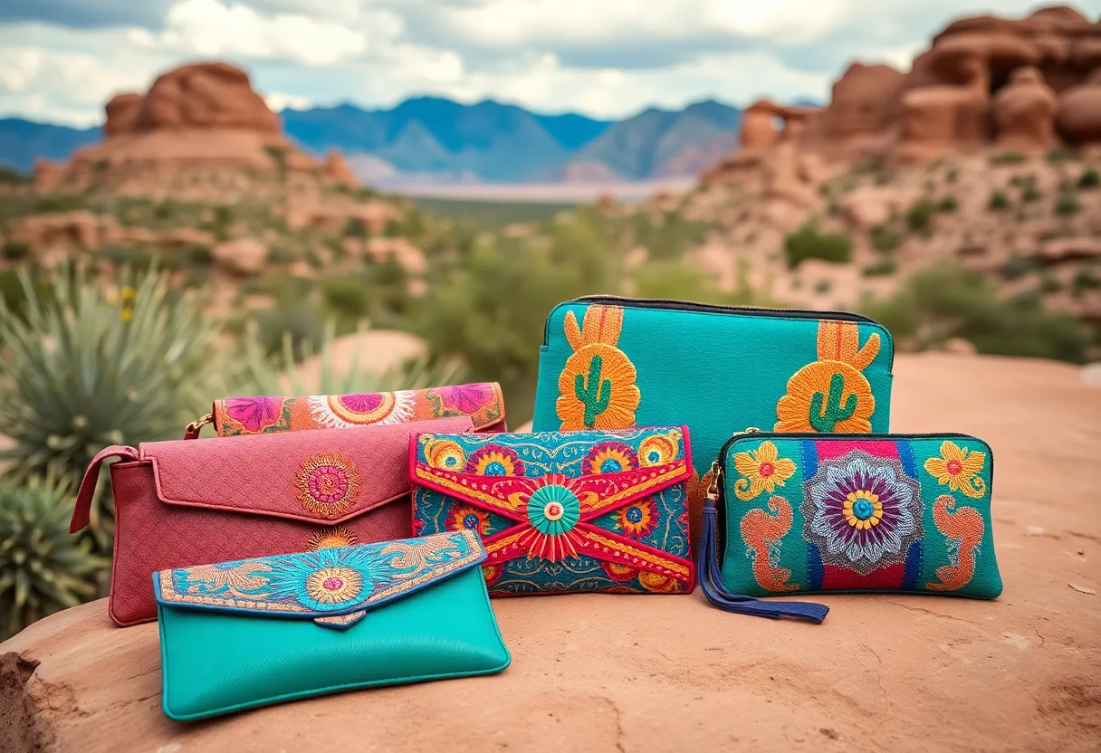 Colorful handmade accessories displayed outdoors, reflecting the Arizona desert's natural beauty.