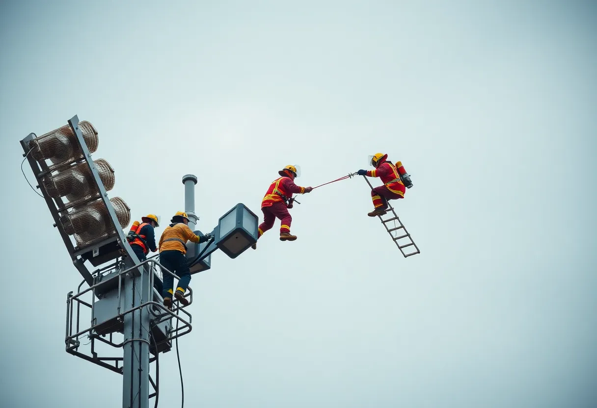 Firefighters rescuing a worker from a light tower at Hohokam Stadium